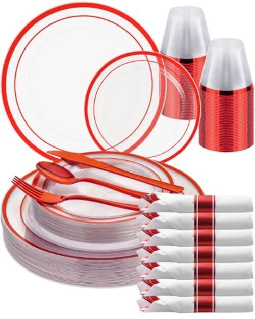 175 Pcs Plastic Plates, Clear Plastic Silverware Disposable Plates Set, 25 Red