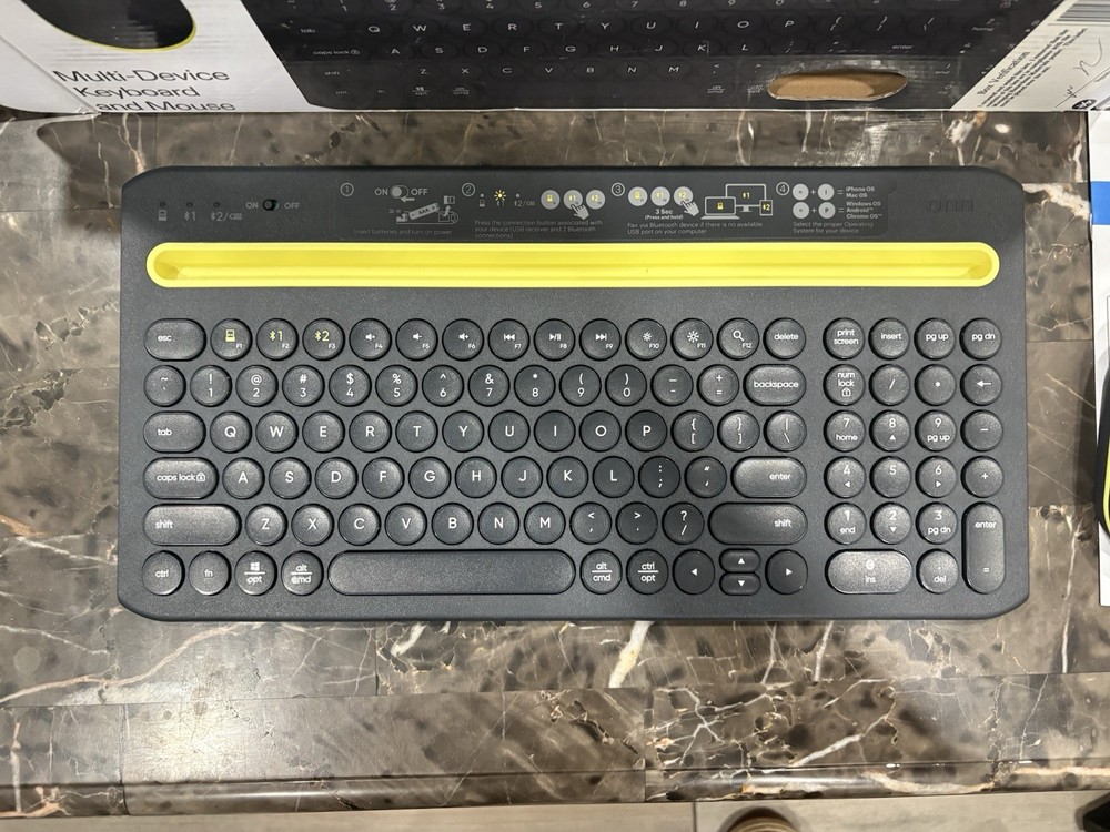 onn Multi-Device Wireless Full-Size Keyboard and 3-Button Mouse Set,Gray &Yellow