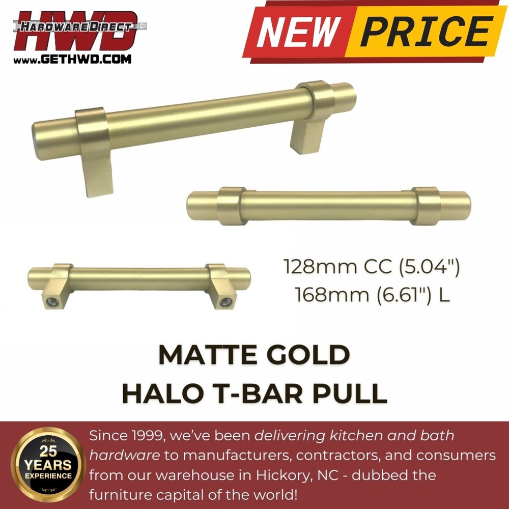 Cabinet Pulls Modern T-Bar 128mm Matte Gold Decorative Kitchen Bath Handle