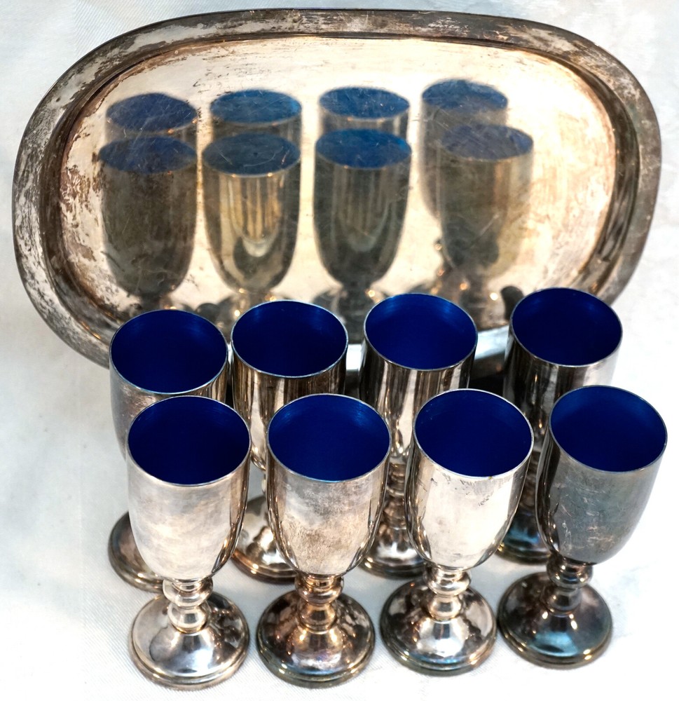 8 Silverplate Cordials with Blue Enamel Inside + Serving Tray W.&S. Blackington