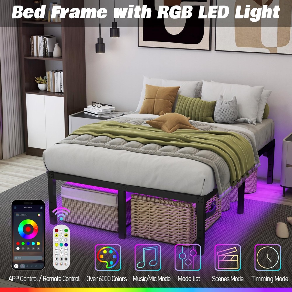 Queen Bed Frame Led Metal Platform Bed Frame Queen Size with Lights 14” He