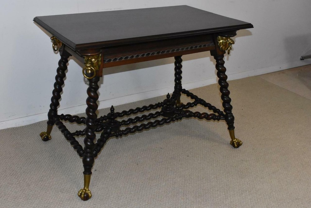 Antique Solid Mahogany Library Table Rope Turned Legs Lion Head Details