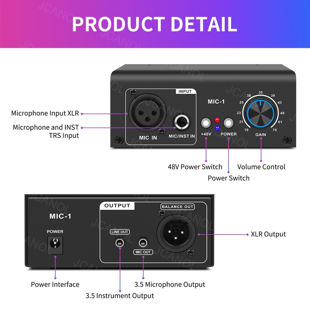 Microphone Preamp with 75dB Gain, 48V Phantom Power for Dynamic & Condenser Mic