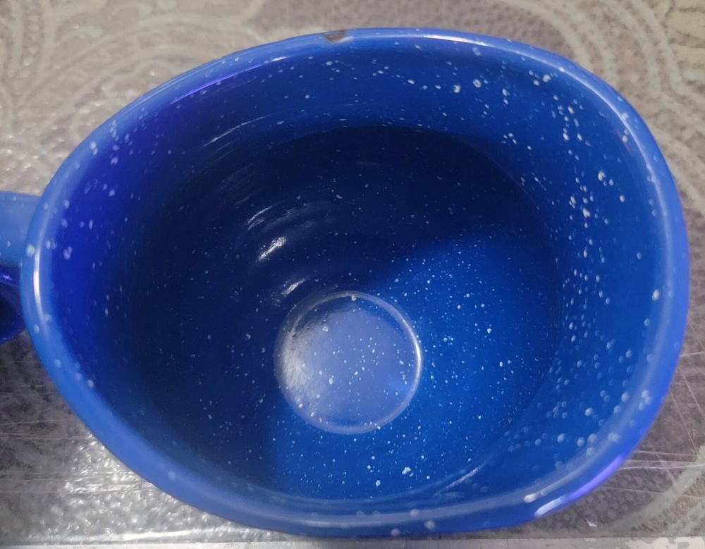 Blue Speckled Enamelware Small Creamer Pitcher & Coffee Cup Mug