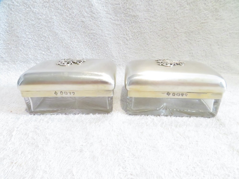 Gorgeous victorian english sterling silver & crystal 2 rectangular boxes London
