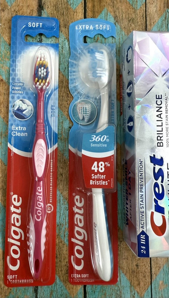 2)CREST 3D WHITE Toothpaste Mint 6/27 +4)COLGATE 360 Toothbrushes Extra,Soft,Med