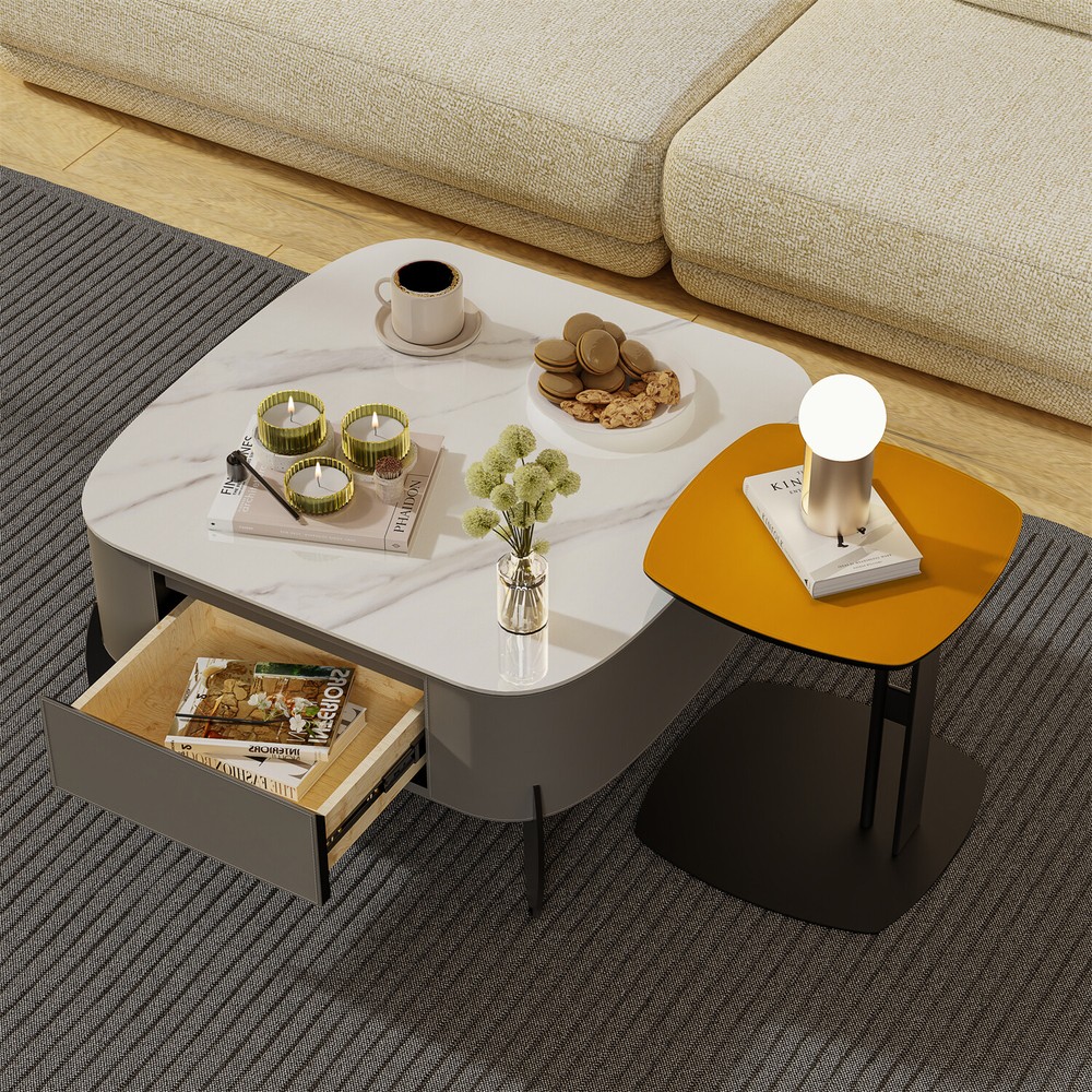 32'' Diameter Modern Coffee Table Luxury Stone Top Saddle Leather Center Table