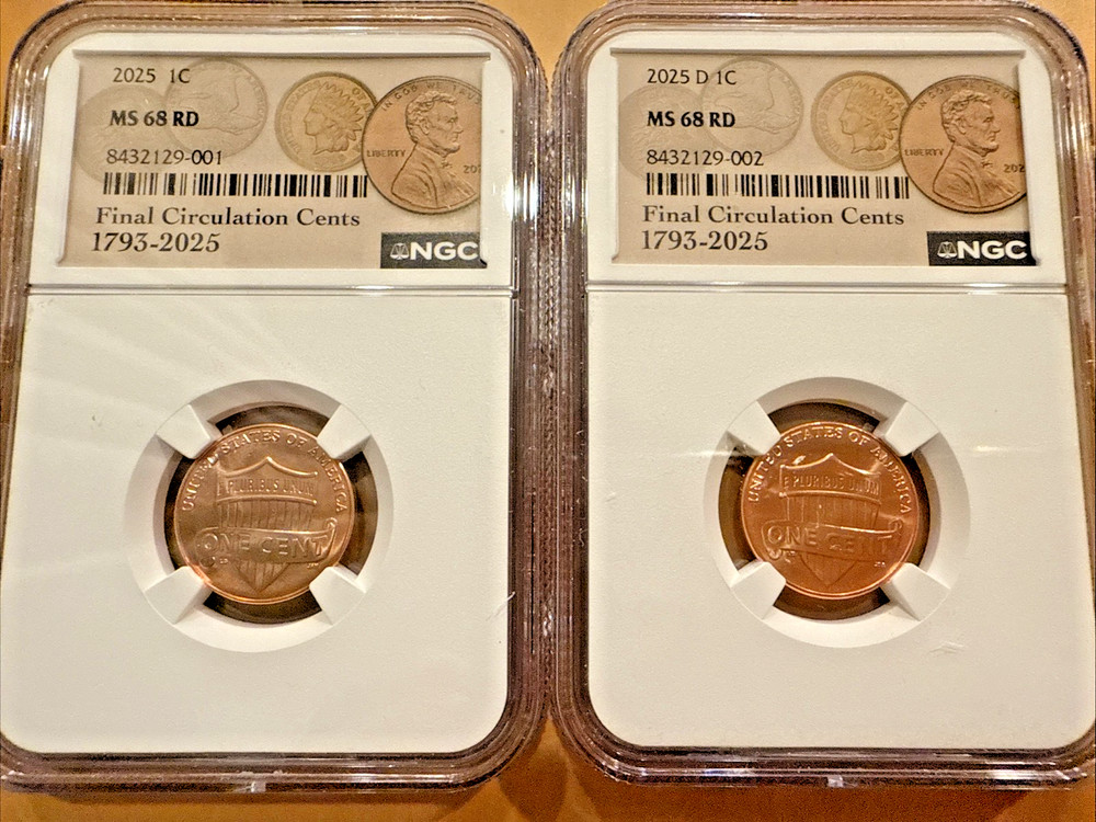 2025 P D Lincoln Shield Cent both Coins NGC MS68 RD LAST PENNY Sequential# Label