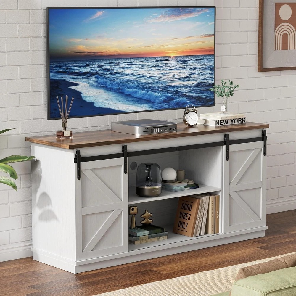 Large White TV Stand, Sliding Barn Doors, Console Table, 58"