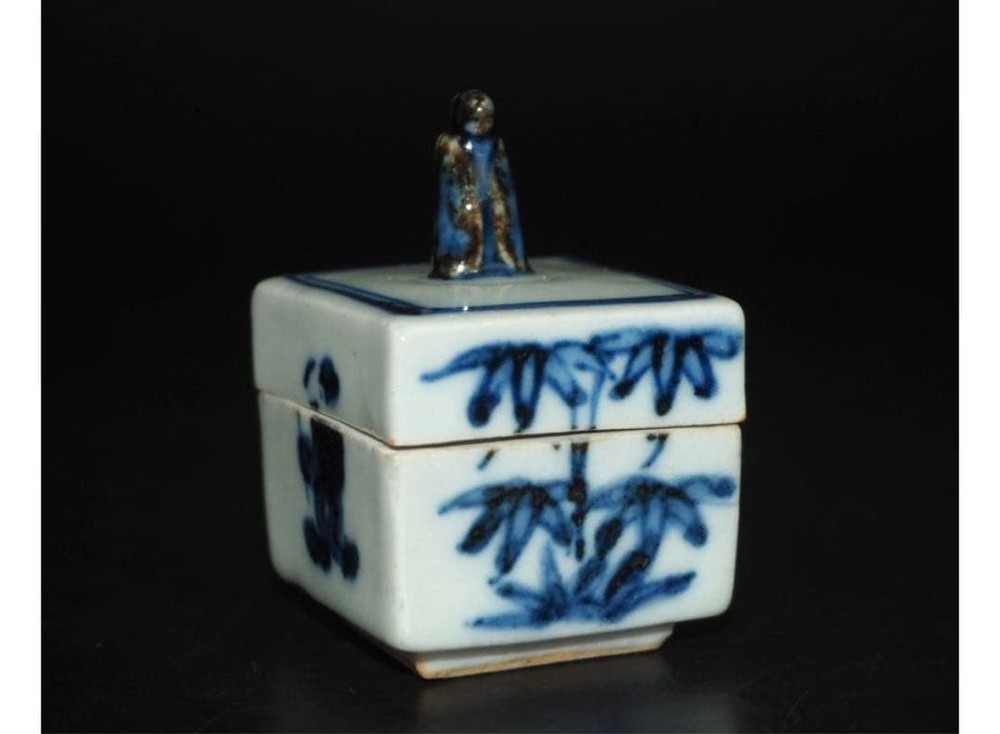 Kutani Ware Suda Seika Incense Container With Signed Box Japan blue white