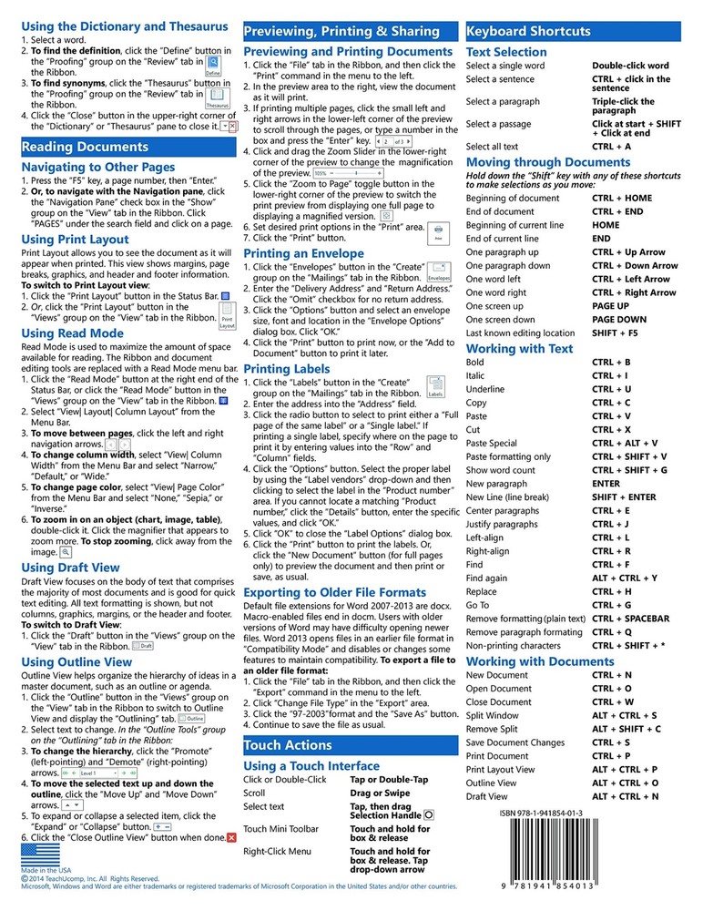 Word 2013 Training Guide Quick Reference Card 4 Page Cheat Sheet Instructions