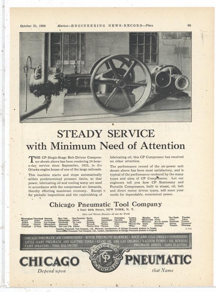 1926 Chicago Pneumatic Ad: Single Stage Belt Driven Compressor - Ottawa Canada