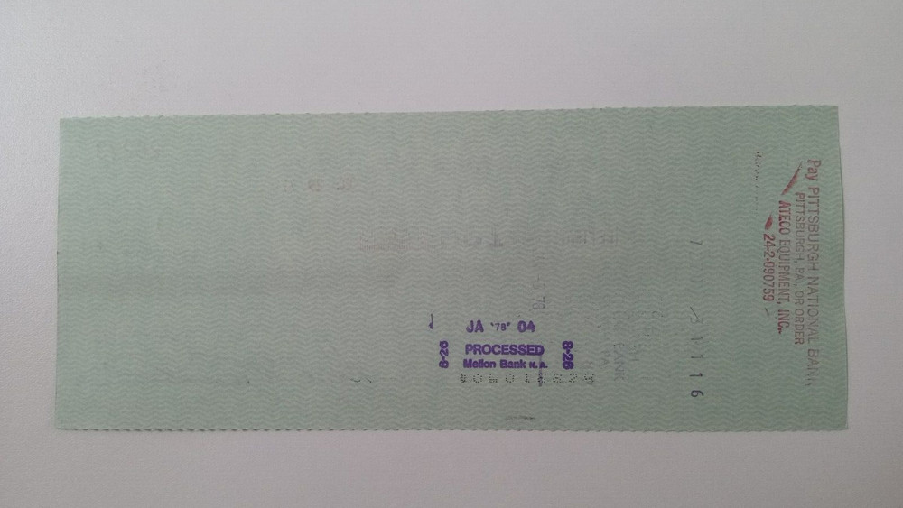 ATECO Equipment Co.: 1978 Pittsburgh Pirates Expense Check