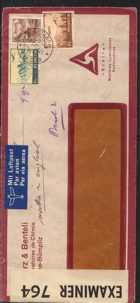Switzeraland nice censor airmail cover  censor # 764   KL1201