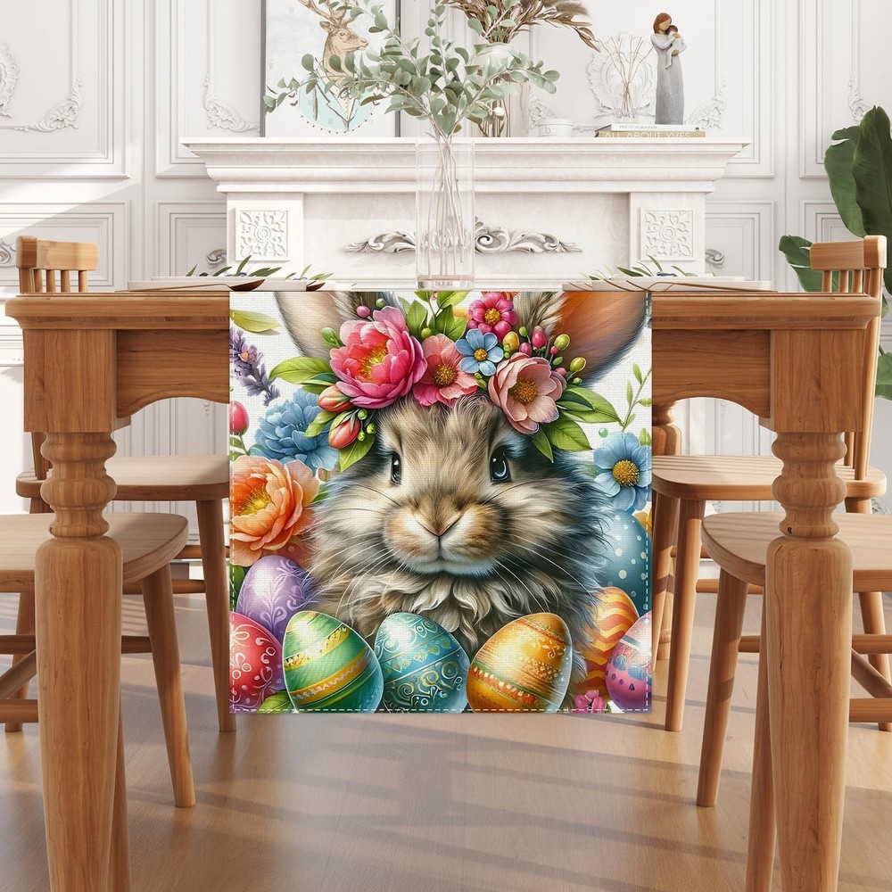 Watercolor Bunny Rabbit Flower Easter Table Runner Easter Spring Summer Home Kit
