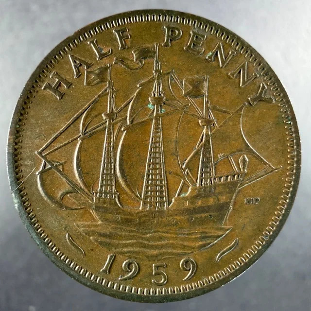 1959 Great Britain Half Penny Ship Reverse Sharp Features