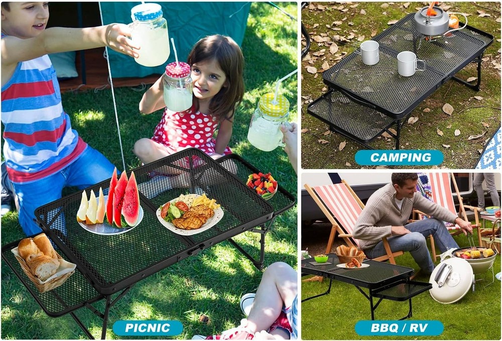 Small Low Camping Table with 2 Wing Panels, Folding Low Picnic & Outdoor Table