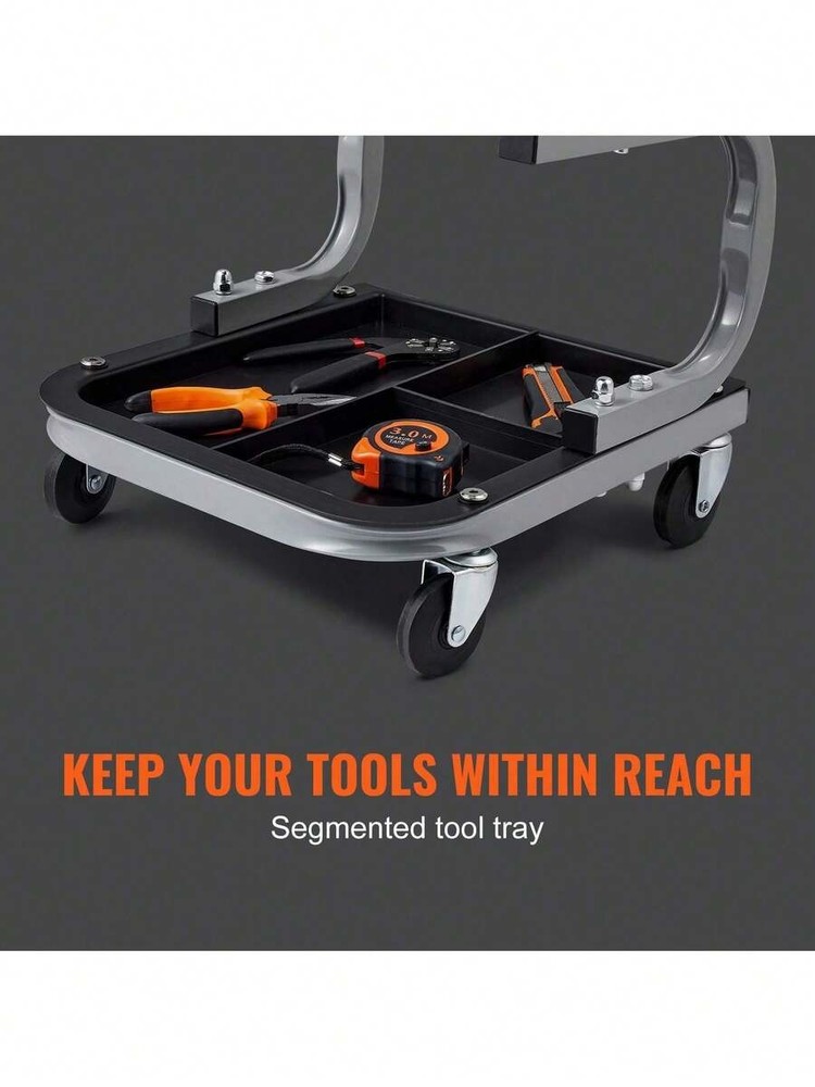 Black garage work stool with wheels, 250 lbs capacity, padded.