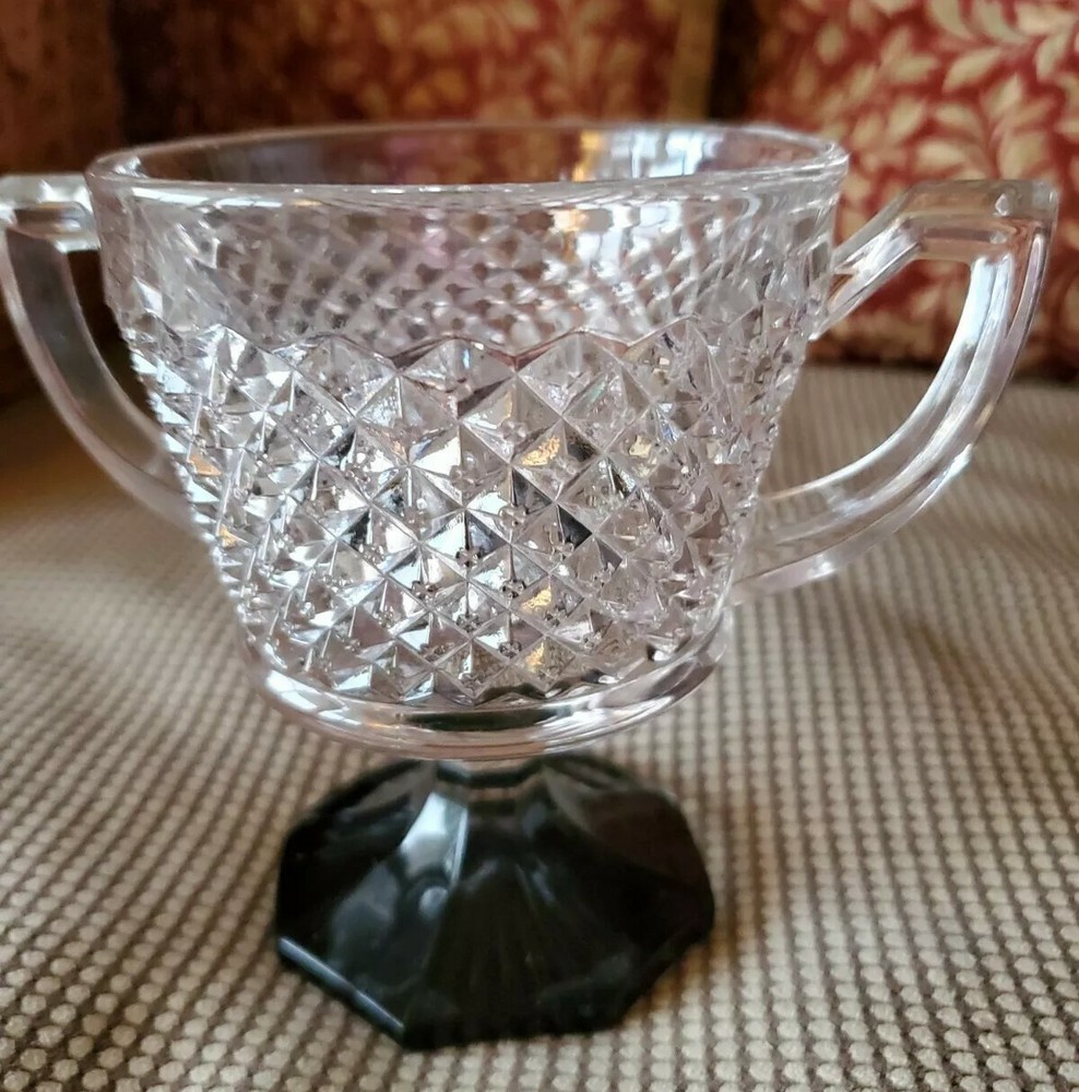 Vntg Depression Glass Anchor Hocking Waterford Waffle Pattern Sugar Black Stem