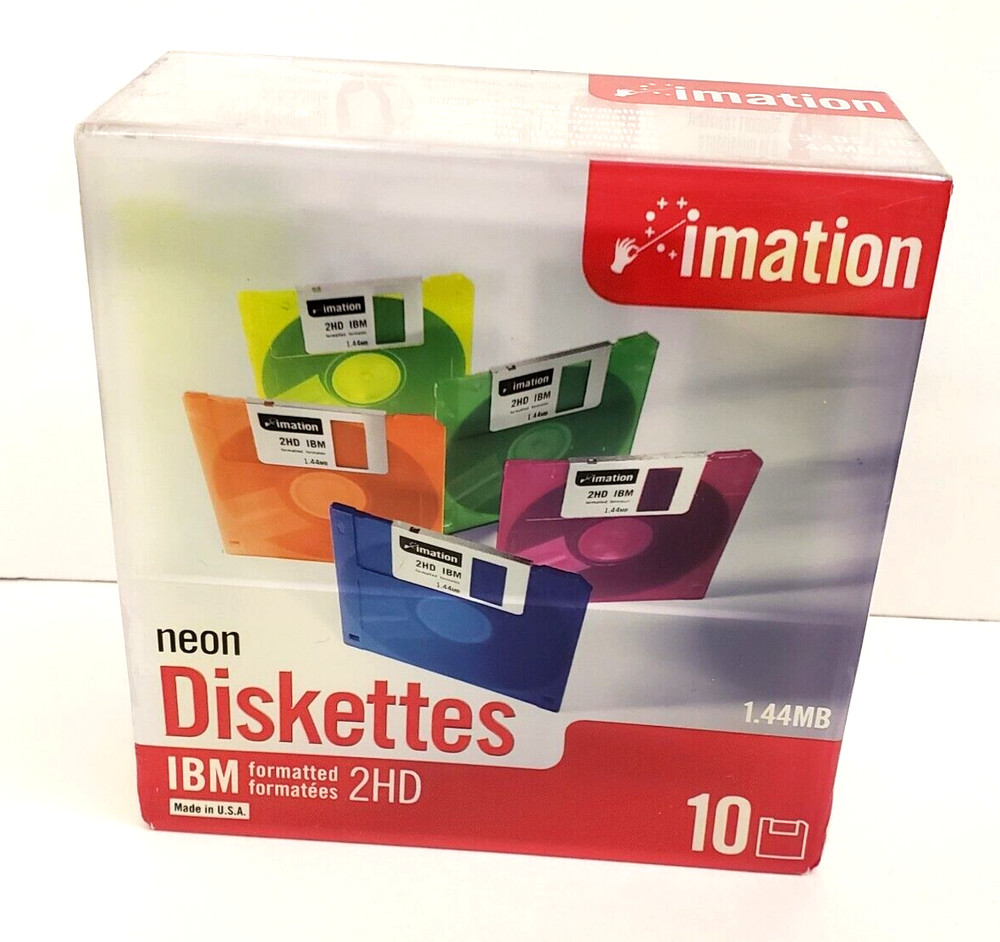 Imation Neon Diskettes Mac 3.5” Floppy Disc IBM Formatted 10 pack NEW Sealed