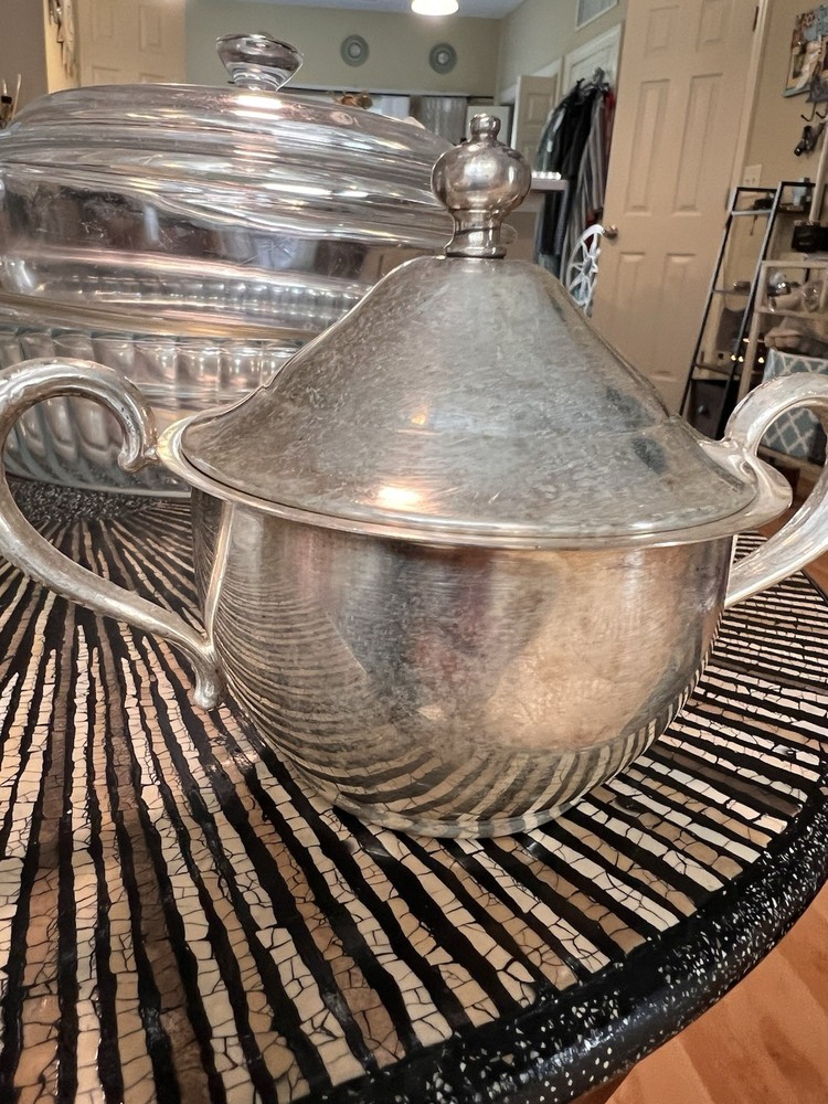 Antique Silverplate Lidded Sugar Bowl with Double Handles Decorative Tableware