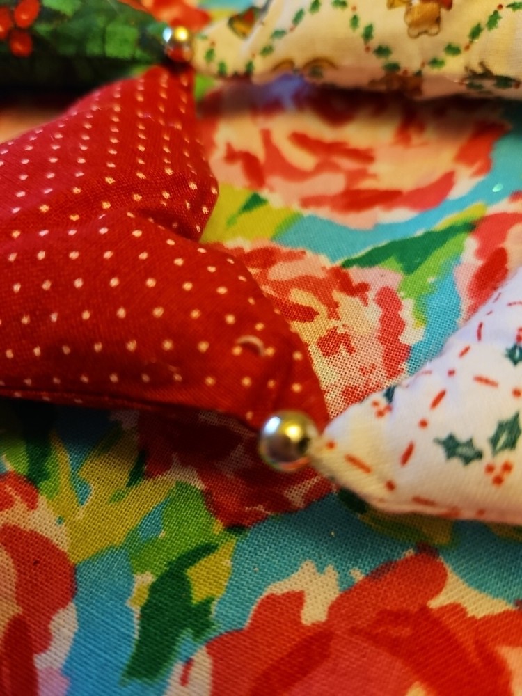 Handmade Quilted Christmas Tree Fabric Triangles & Beads Wall Hanging 17"