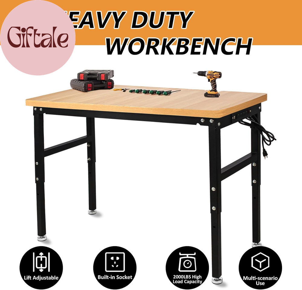 48'' Adjustable Workbench with Power Outlet, Work Table for Garage,2000 Lbs Capa