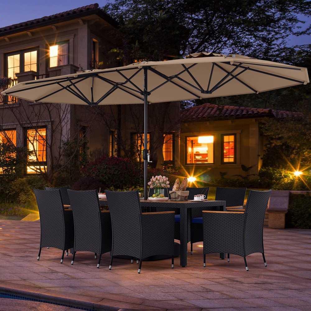 11 PCS Patio Wicker Dining Set w/Double-Sided Outdoor Umbrella 8 Stackable