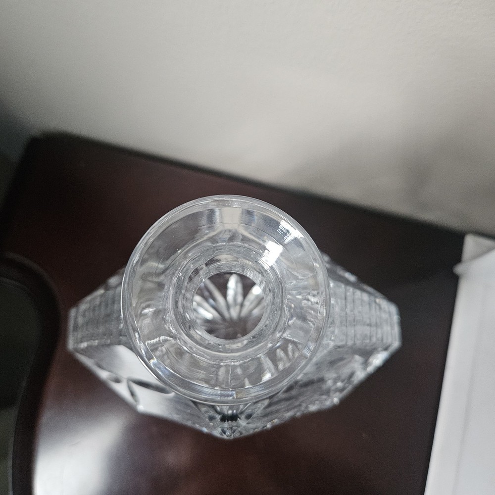 Vintage Block Cut Crystal Triangular Decanter & Stopper Olympic Pattern Heavy