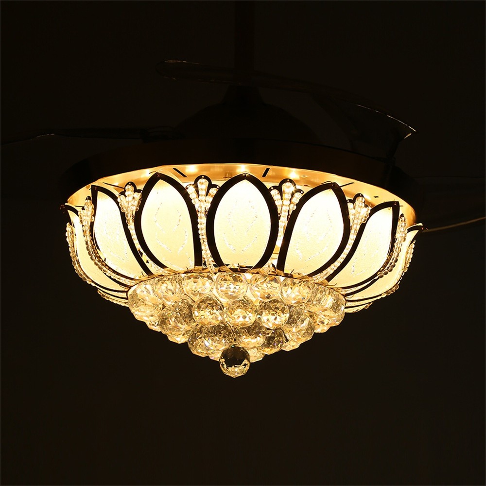 Crystal LED Chandelier Invisible Ceiling Fan Light Ceiling Lamp w/Remote Control