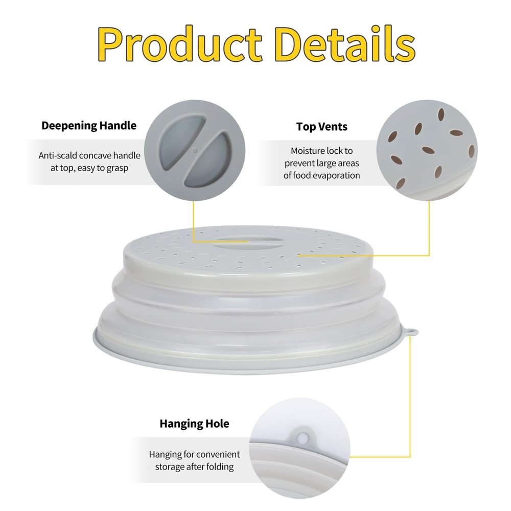 2 PACK Collapsible Microwave Splatter Cover with Handle Vented White and Grey