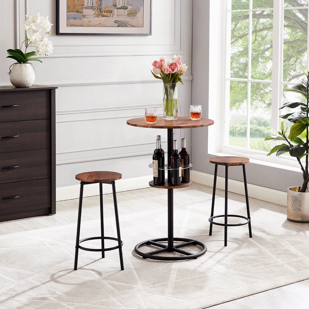 3 Piece Bar Table +2 Stools Set Round Wine Rack Table Outdoor Dining Kitchen Pub
