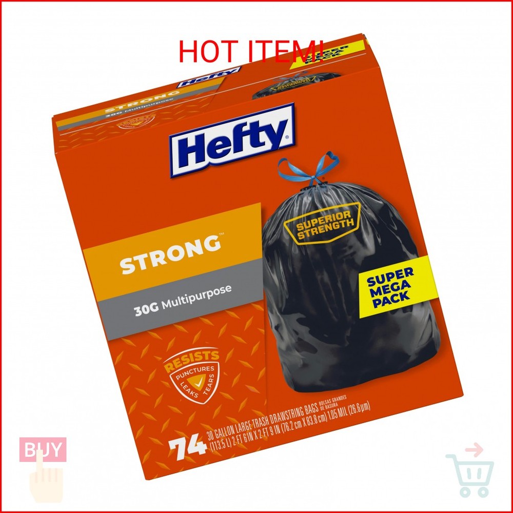 Hefty Strong Large Trash Bags, Black, 30 Gallon, 74 Count