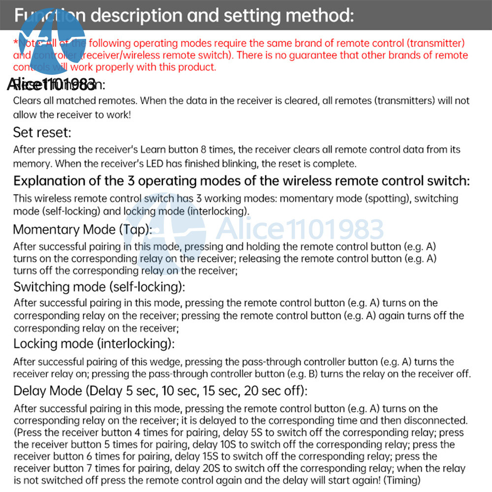 433Mhz Universal Wireless Remote Control Switch DC 12V Receiver Transmitter Set