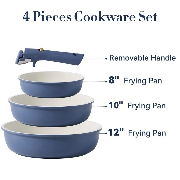 4Pc Nonstick Cookware Set Blue Detachable Handle Pots Pans Stackable Kitchen
