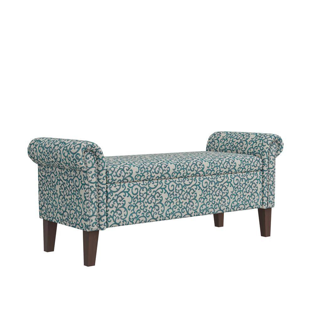Wallen Blue Curly Vine Fabric Traditional Rolled Arm Rectangular Storage Bench 5