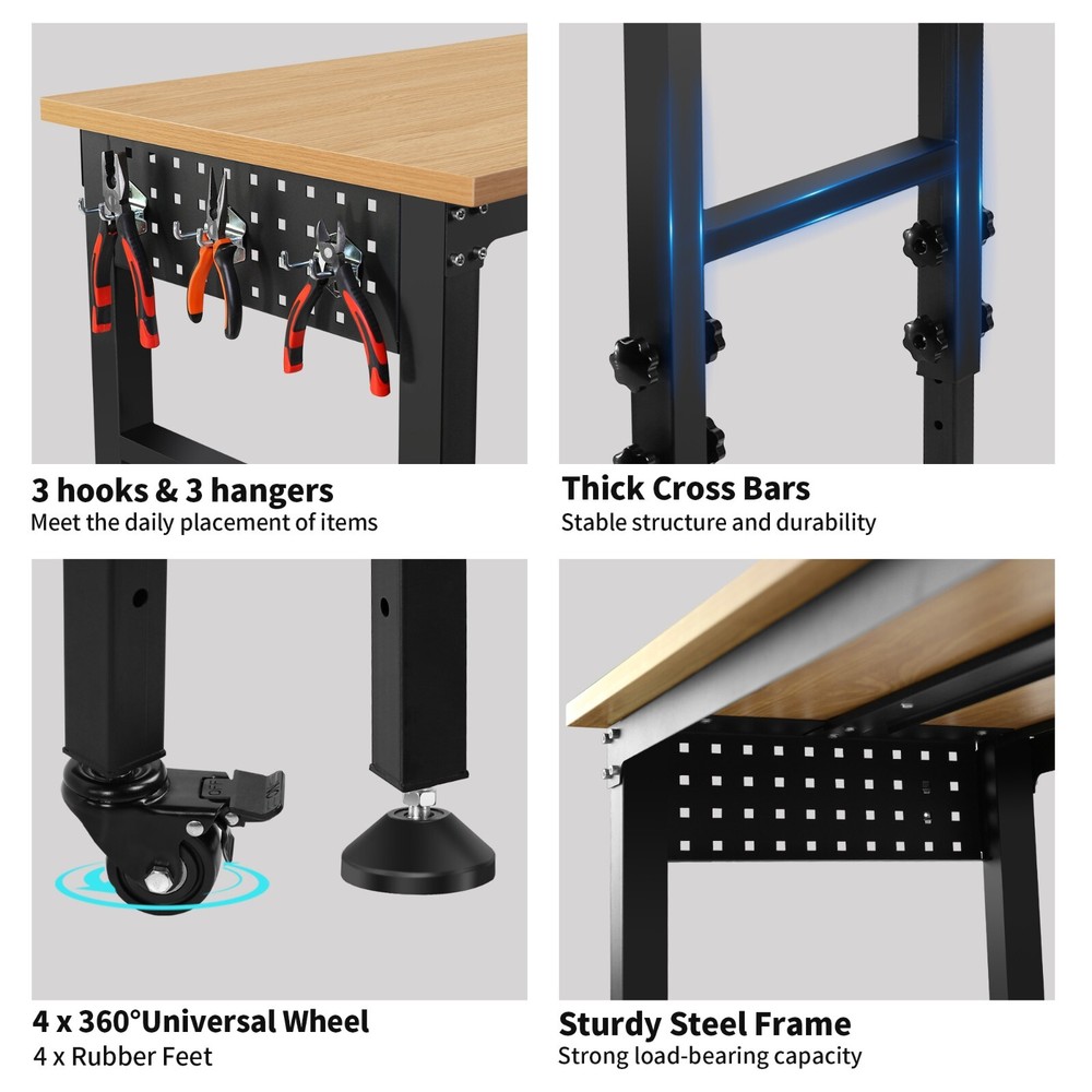 60"Rolling Adjustable Heavy Duty Workbench with Rubber Wood Top Working