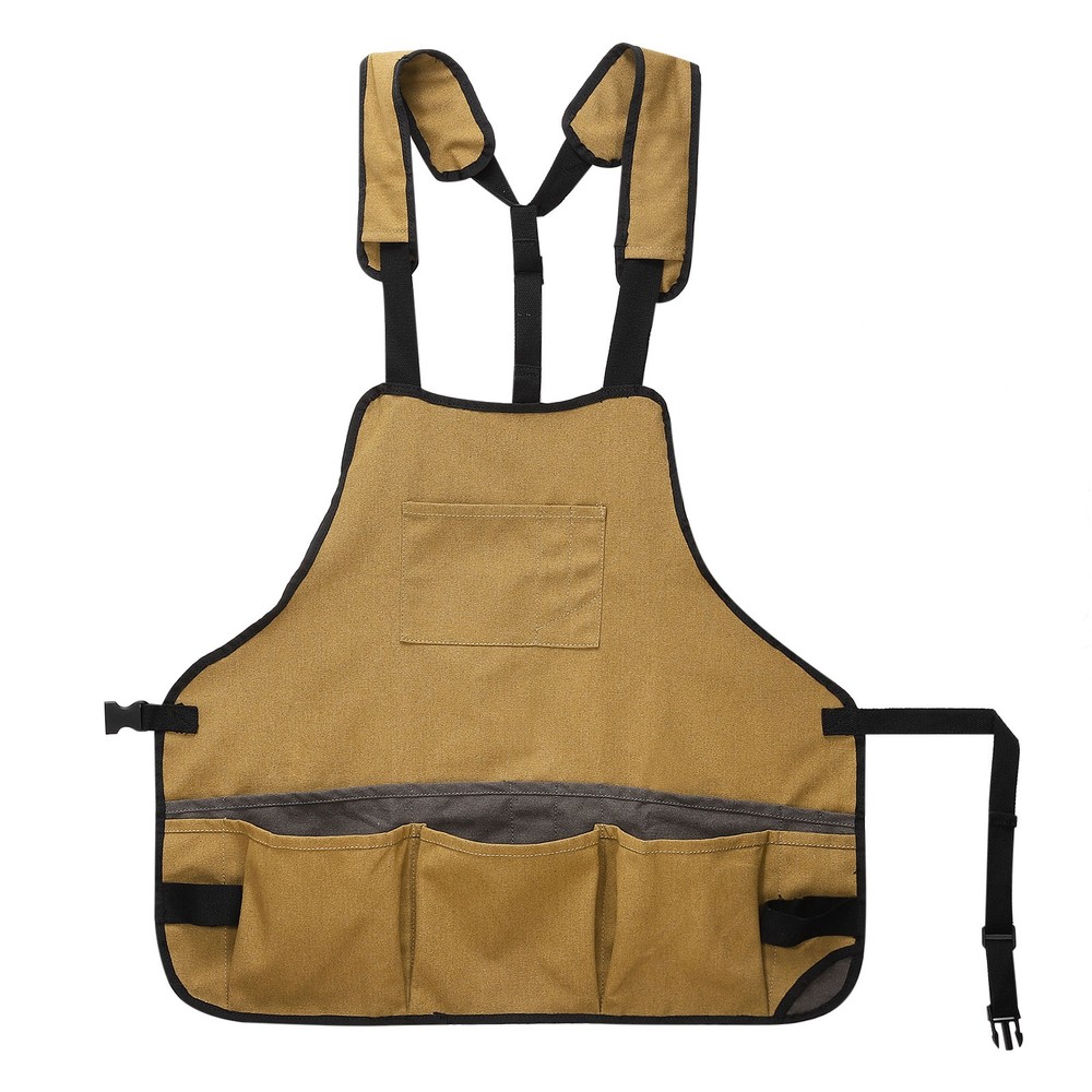 Canvas Work Tool Apron Adjustable Workshop Bib Aprons with 16 Pockets, Khaki