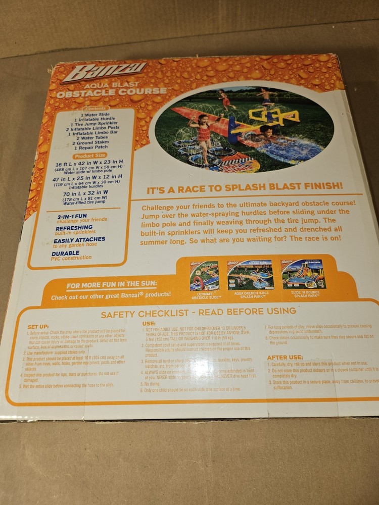 Banzai Aqua Blast Obstacle Course New In Package Splash and Sprinkle Water Fun!!
