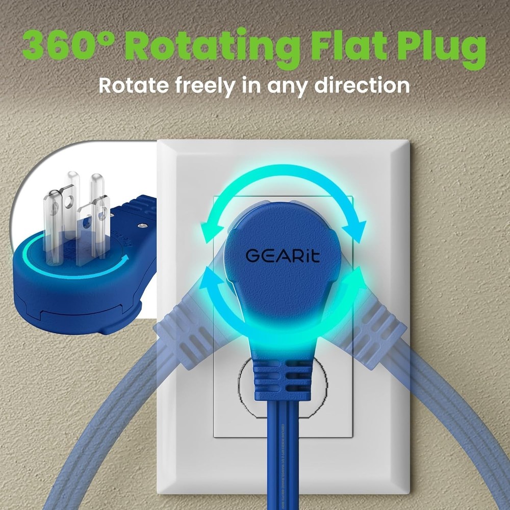 Compact 3 Outlet 15ft Extension Cord with Rotating Flat Plug - Navy Blue Design