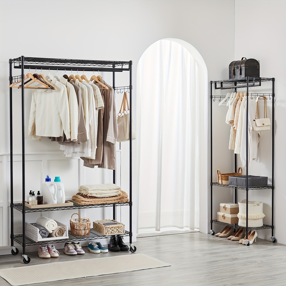 Multi-Functional Double Rods Clothes Garments Rack for Bedroom, Sturdy Metal