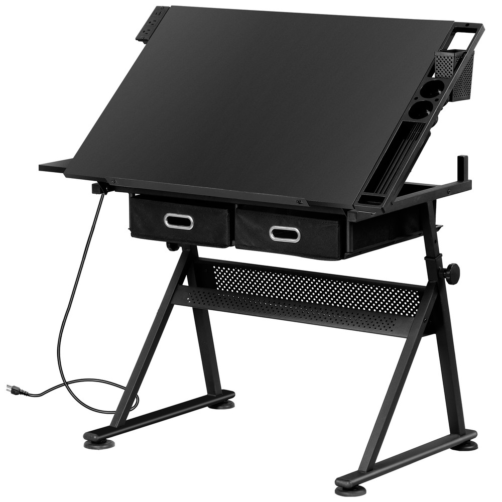 Adjustable Drawing Writing Table Stool w/ 2 Drawers for Artwork Art Desk Black