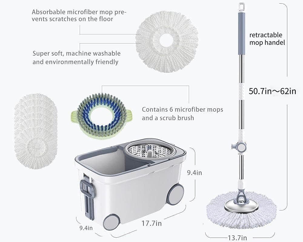 Spin Mop Bucket Deluxe 360 Spinning Floor Cleaning System with 6 Microfiber