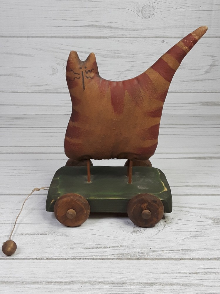 Primative Cloth Canvas Cat Pull Toy Folk Art Hand Painted Made Functioning