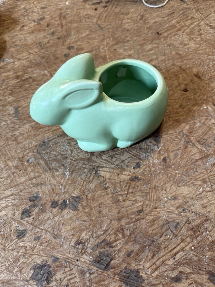 Green Ceramic Rabbit Planter with Drainage Hole, Glossy Art Pottery