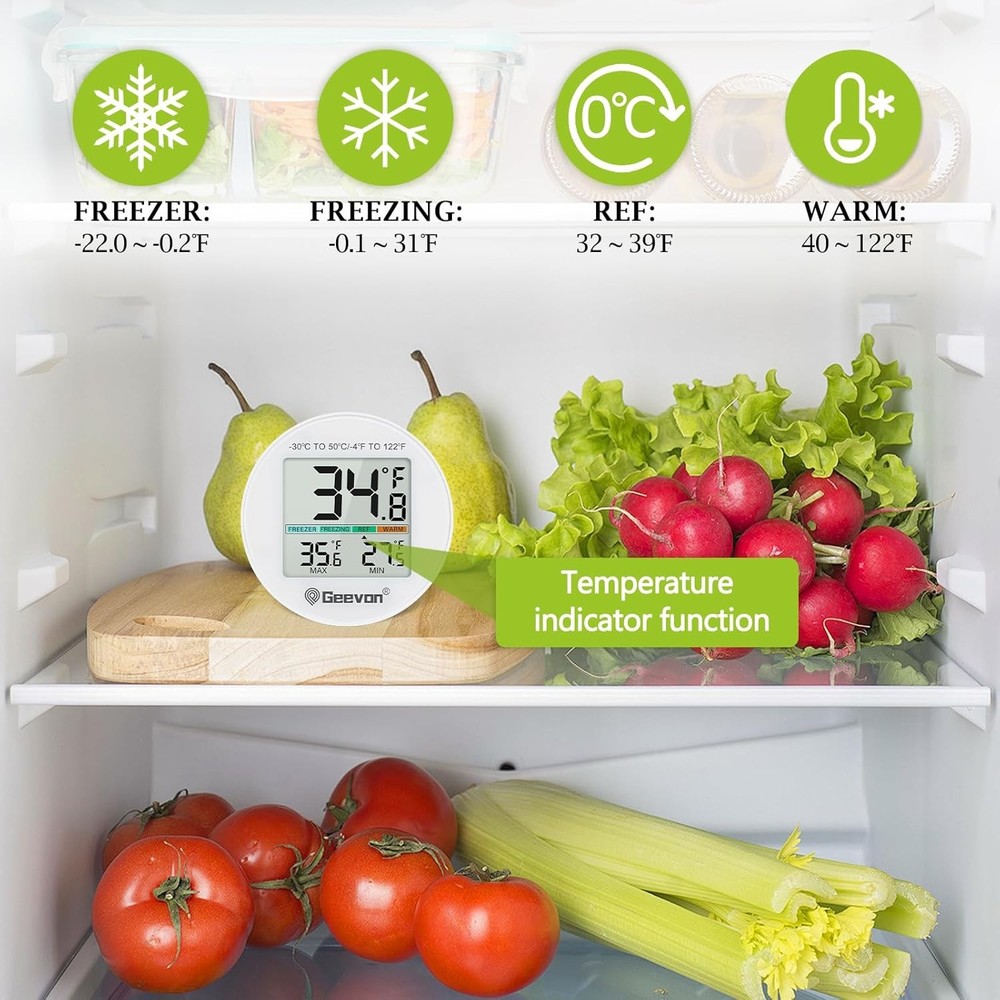 Geevon Small Digital Refrigerator Thermometer 3 Pack, IP65 8724, White