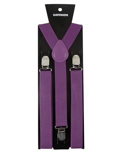 Solid Color Mens Suspender with 3 Strong Clips Adjustable Braces Purple