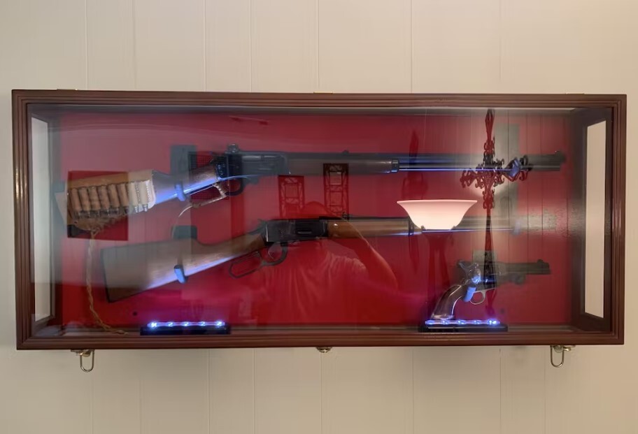 Gun Display Case Double Cabinet Rifle Walnut & White Felt Solid Wood Rack 44.5"