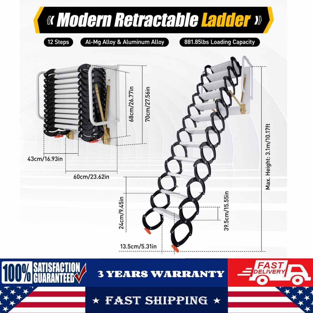 12 Steps Wall Mounted Folding Ladder Loft Stairs White Attic Steps Pull Down US