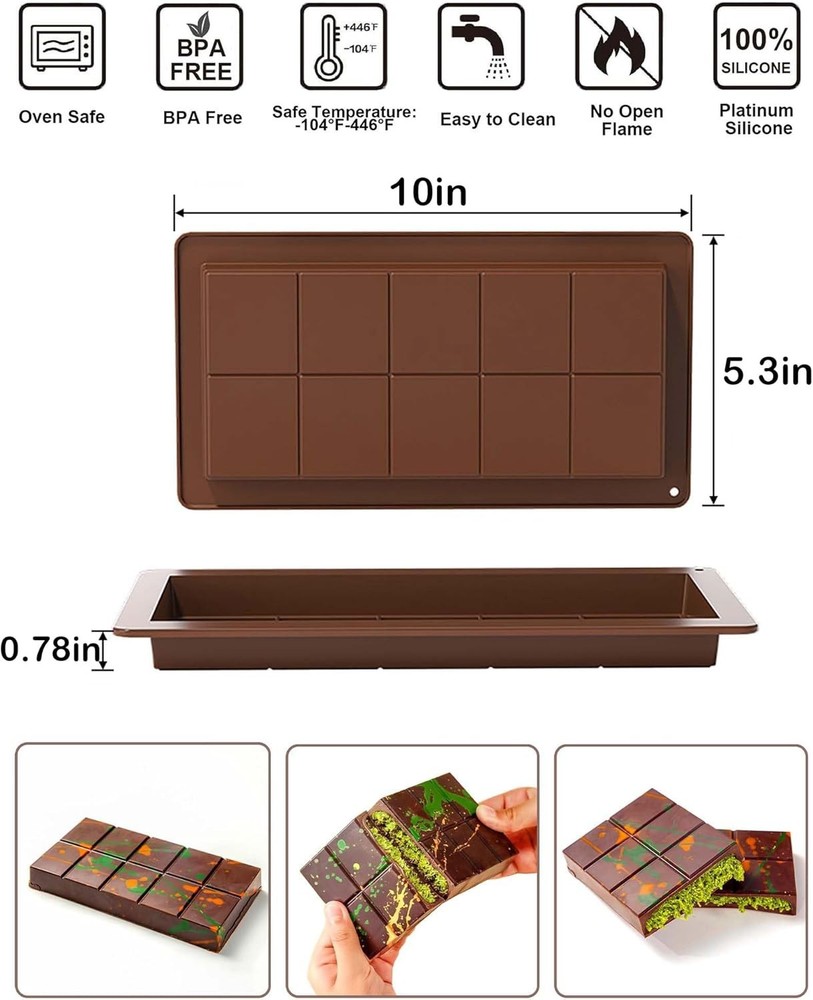 Dubai Chocolate Bar Mold Silicone Chocolate Bar Molds Deep Rectangular 2 Pack
